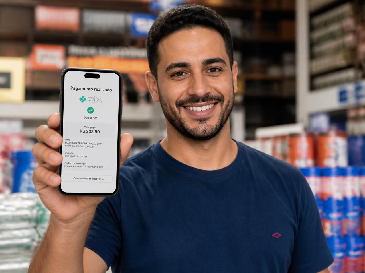 Influenciador mostrando comprovante de pagamento PIX no celular
